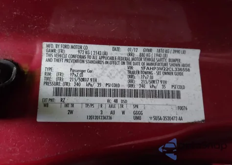 2012 Ford Focus Sel z USA, uszkodzony, nr VIN 1FAHP3M22CL336558